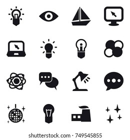 16 vector icon set : bulb, eye, boat, monitor arrow, notebook, atom core, atom, discussion, table lamp, ballon, disco ball, shining