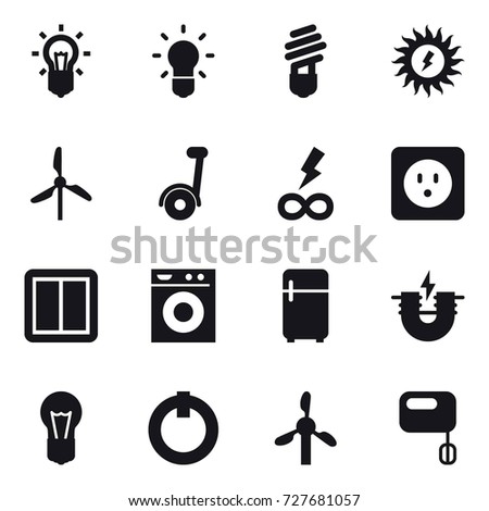 16 vector icon set : bulb, sun power, windmill, segway, infinity power, power socket, power switch, washing machine, fridge