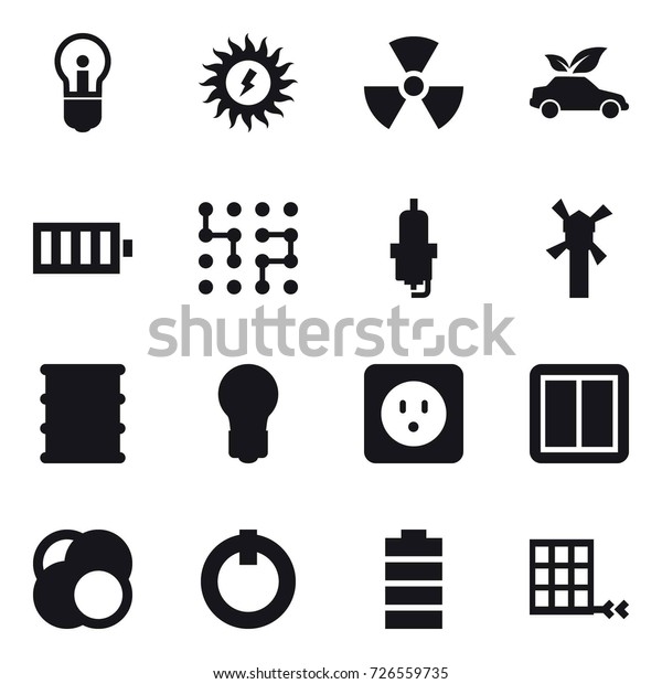16\
vector icon set : bulb, sun power, nuclear, eco car, battery, chip,\
spark plug, windmill, power socket, power\
switch
