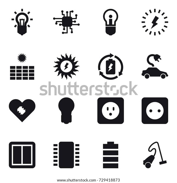 16 vector icon set : bulb, chip, lightning, sun\
power, battery charge, electric car, power socket, power switch,\
vacuum cleaner