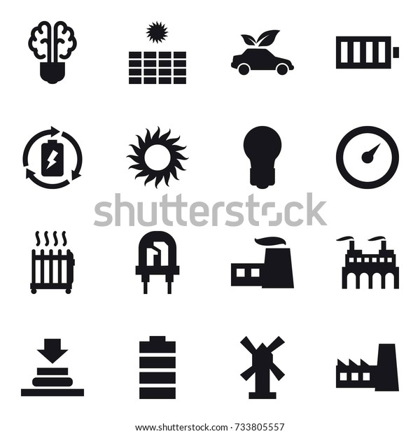 16 vector icon set : bulb brain, sun power, eco\
car, battery, battery charge, sun, bulb, barometer, radiator,\
windmill, factory