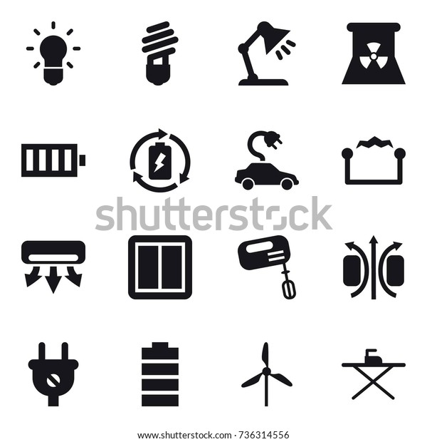 16 vector icon set :\
bulb, table lamp, nuclear power, battery, battery charge, electric\
car, electrostatic, air conditioning, power switch, mixer,\
windmill, iron board