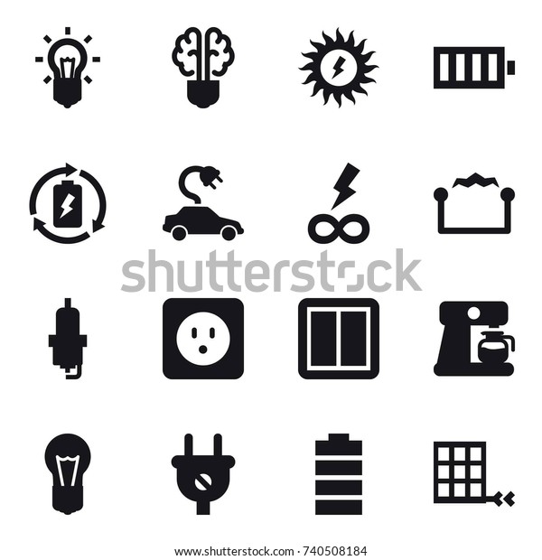 16 vector icon\
set : bulb, bulb brain, sun power, battery, battery charge,\
electric car, infinity power, electrostatic, spark plug, power\
socket, power switch, coffee\
maker