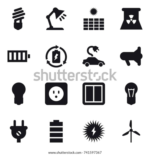 16 vector icon set : bulb, table lamp,\
sun power, nuclear power, battery, battery charge, electric car,\
megafon, power socket, power switch,\
windmill