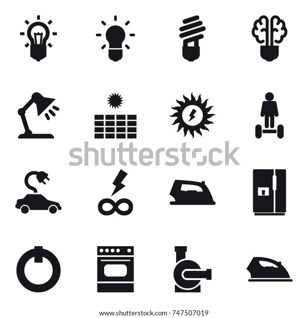 16 vector icon set : bulb, bulb brain, table lamp, sun power ...