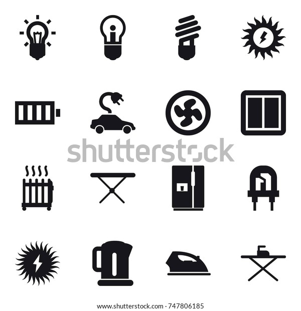 16 vector icon set : bulb, sun power, battery,\
electric car, cooler fan, power switch, radiator, iron board,\
fridge, kettle, iron