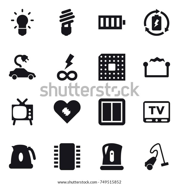 16 vector icon set : bulb, battery,\
battery charge, electric car, infinity power, cpu, electrostatic,\
tv, power switch, kettle, vacuum\
cleaner