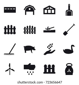 16 vector icon set : bunker, barn, greenhouse, scoop, fence, fence, soil cutter, shovel, rake, pig, harvest, goose, windmill, sow, grain elevator, fertilizer