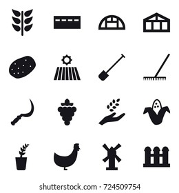 16 vector icon set : bunker, greenhouse, field, shovel, rake, sickle, grape, harvest, corn, seedling, chicken, windmill, grain elevator
