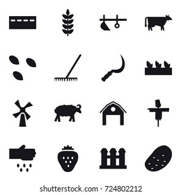 16 vector icon set : bunker, plow, cow, seeds, rake, sickle, seedling, windmill, sheep, barn, scarecrow, sow, strawberry, grain elevator, potato