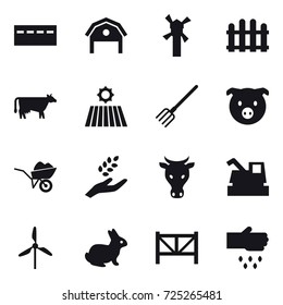 16 vector icon set : bunker, barn, windmill, fence, cow, field, fork, pig, wheelbarrow, harvest, harvester, rabbit, farm fence, sow