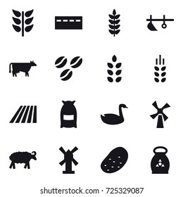 16 vector icon set : bunker, plow, cow, coffee seeds, spikelets, field, flour, goose, windmill, sheep, potato, fertilizer