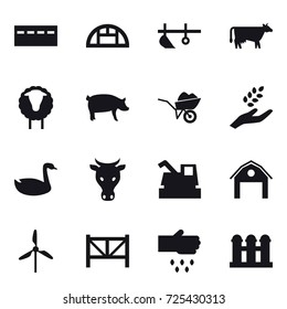 16 vector icon set : bunker, greenhouse, plow, cow, sheep, pig, wheelbarrow, harvest, goose, harvester, barn, windmill, farm fence, sow, grain elevator
