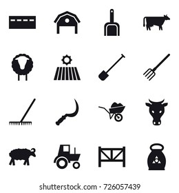 16 vector icon set : bunker, barn, scoop, cow, sheep, field, shovel, fork, rake, sickle, wheelbarrow, tractor, farm fence, fertilizer