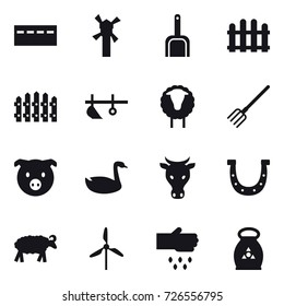 16 vector icon set : bunker, windmill, scoop, fence, plow, sheep, fork, pig, goose, cow, horseshoe, sow, fertilizer