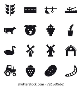 16 vector icon set : bunker, plow, soil cutter, cow, pig, grape, seedling, goose, windmill, barn, tractor, strawberry, potato, peas