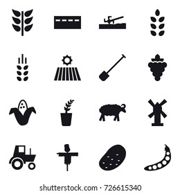 16 vector icon set : bunker, soil cutter, spikelets, field, shovel, grape, corn, seedling, sheep, windmill, tractor, scarecrow, potato, peas