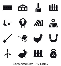 16 vector icon set : bunker, greenhouse, scoop, fence, plow, sheep, field, shovel, wheelbarrow, chicken, horseshoe, windmill, rabbit, grain elevator, fertilizer 16 vector icon set : bunker, greenhouse, scoop, fence, plow, sheep, field, shovel, wheelbarrow, chicken, horseshoe, windmill, rabbit, grain elevator, fertilizer