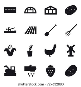 16 vector icon set : bunker, greenhouse, soil cutter, field, shovel, fork, corn, seedling, chicken, windmill, harvester, sow, strawberry, potato