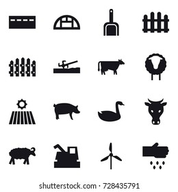 16 vector icon set : bunker, greenhouse, scoop, fence, soil cutter, cow, sheep, field, pig, goose, harvester, windmill, sow