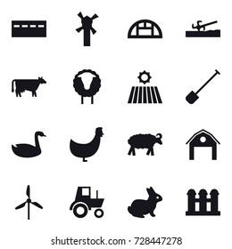 16 vector icon set : bunker, windmill, greenhouse, soil cutter, cow, sheep, field, shovel, goose, chicken, barn, tractor, rabbit, grain elevator