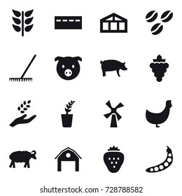 16 vector icon set : bunker, greenhouse, coffee seeds, rake, pig, grape, harvest, seedling, windmill, chicken, sheep, barn, strawberry, peas