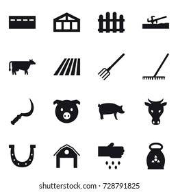 16 vector icon set : bunker, greenhouse, fence, soil cutter, cow, field, fork, rake, sickle, pig, horseshoe, barn, sow, fertilizer