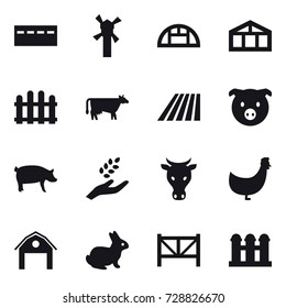 16 vector icon set : bunker, windmill, greenhouse, fence, cow, field, pig, harvest, chicken, barn, rabbit, farm fence, grain elevator