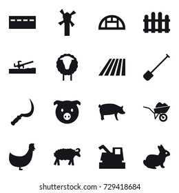 16 vector icon set : bunker, windmill, greenhouse, fence, soil cutter, sheep, field, shovel, sickle, pig, wheelbarrow, chicken, harvester, rabbit