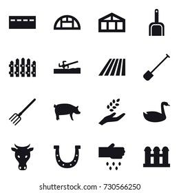 16 vector icon set : bunker, greenhouse, scoop, fence, soil cutter, field, shovel, fork, pig, harvest, goose, cow, horseshoe, sow, grain elevator