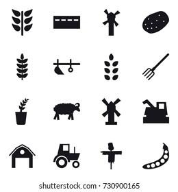 16 vector icon set : bunker, windmill, plow, spikelets, fork, seedling, sheep, harvester, barn, tractor, scarecrow, peas
