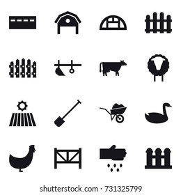 16 vector icon set : bunker, barn, greenhouse, fence, plow, cow, sheep, field, shovel, wheelbarrow, goose, chicken, farm fence, sow, grain elevator