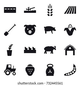 16 vector icon set : bunker, soil cutter, spikelets, field, shovel, pig, corn, seedling, sheep, barn, tractor, strawberry, fertilizer, peas