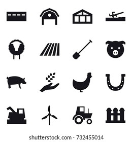 16 vector icon set : bunker, barn, greenhouse, soil cutter, sheep, field, shovel, pig, harvest, chicken, horseshoe, harvester, windmill, tractor, grain elevator
