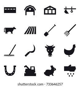16 vector icon set : bunker, barn, greenhouse, plow, cow, field, shovel, fork, rake, sickle, chicken, horseshoe, harvester, rabbit, sow