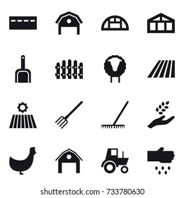 16 vector icon set : bunker, barn, greenhouse, scoop, fence, sheep, field, fork, rake, harvest, chicken, tractor, sow