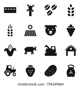 16 vector icon set : bunker, windmill, coffee seeds, spikelets, field, pig, grape, corn, sheep, harvester, barn, tractor, strawberry, potato, fertilizer
