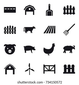16 vector icon set : bunker, barn, scoop, fence, cow, field, fork, pig, chicken, sheep, windmill, farm fence, grain elevator