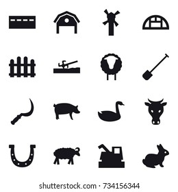 16 vector icon set : bunker, barn, windmill, greenhouse, fence, soil cutter, sheep, shovel, sickle, pig, goose, cow, horseshoe, harvester, rabbit