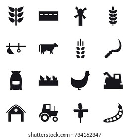 16 vector icon set : bunker, windmill, plow, cow, spikelets, sickle, flour, seedling, chicken, harvester, barn, tractor, scarecrow, peas