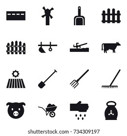 16 vector icon set : bunker, windmill, scoop, fence, plow, soil cutter, cow, field, shovel, fork, rake, pig, wheelbarrow, sow, fertilizer