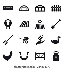 16 vector icon set : bunker, greenhouse, fence, sheep, field, shovel, fork, wheelbarrow, harvest, goose, chicken, horseshoe, farm fence, fertilizer