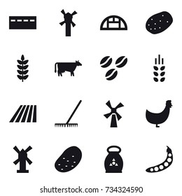 16 vector icon set : bunker, windmill, greenhouse, cow, coffee seeds, spikelets, field, rake, chicken, potato, fertilizer, peas
