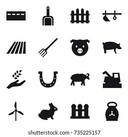 16 vector icon set : bunker, scoop, fence, plow, field, fork, pig, harvest, horseshoe, sheep, harvester, windmill, rabbit, grain elevator, fertilizer