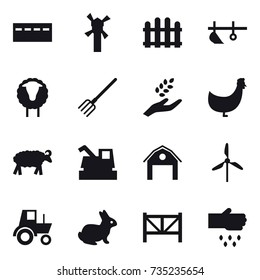 16 vector icon set : bunker, windmill, fence, plow, sheep, fork, harvest, chicken, harvester, barn, tractor, rabbit, farm fence, sow