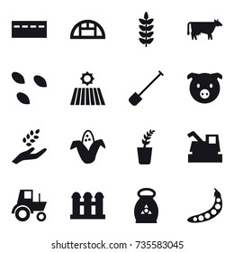 16 vector icon set : bunker, greenhouse, cow, seeds, field, shovel, pig, harvest, corn, seedling, harvester, tractor, grain elevator, fertilizer, peas