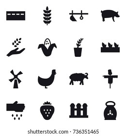 16 vector icon set : bunker, plow, pig, harvest, corn, seedling, windmill, chicken, sheep, scarecrow, sow, strawberry, grain elevator, fertilizer