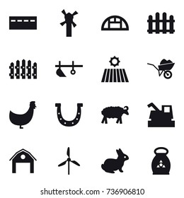 16 vector icon set : bunker, windmill, greenhouse, fence, plow, field, wheelbarrow, chicken, horseshoe, sheep, harvester, barn, rabbit, fertilizer