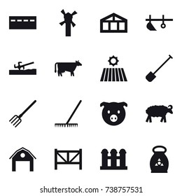 16 vector icon set : bunker, windmill, greenhouse, plow, soil cutter, cow, field, shovel, fork, rake, pig, sheep, barn, farm fence, grain elevator, fertilizer