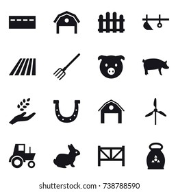 16 vector icon set : bunker, barn, fence, plow, field, fork, pig, harvest, horseshoe, windmill, tractor, rabbit, farm fence, fertilizer